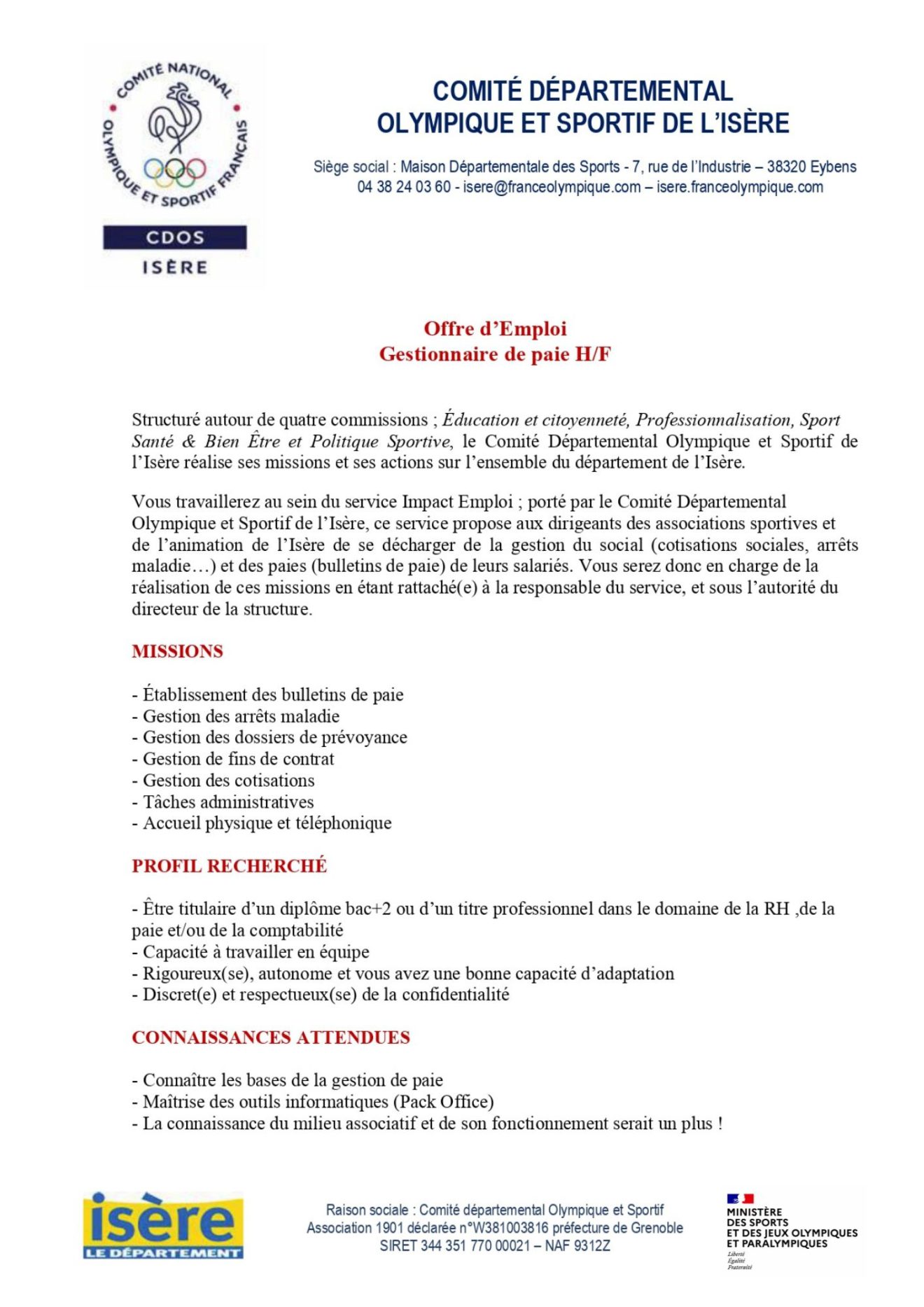 Offre d'emploi Gestionnaire de paie CDOS Isère